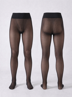 Two views of a model's lower body wearing sheer black tights against a light gray studio background.